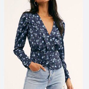 Free People Midnight Floral Wrap Blouse A Night With You Blouse peplum flare M